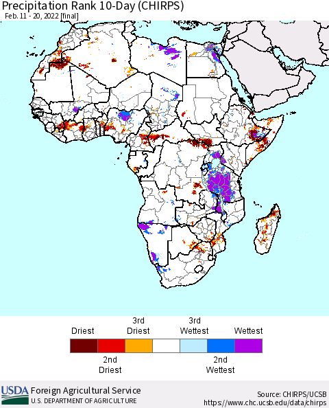 Africa Precipitation Rank 10-Day (CHIRPS) Thematic Map For 2/11/2022 - 2/20/2022