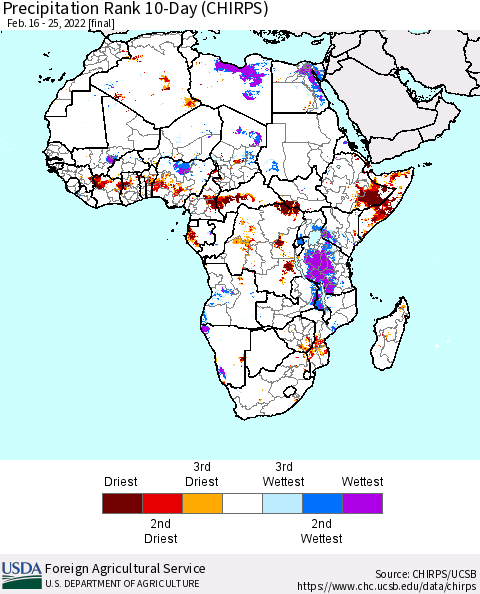 Africa Precipitation Rank since 1981, 10-Day (CHIRPS) Thematic Map For 2/16/2022 - 2/25/2022