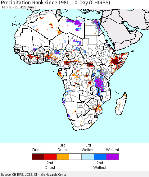 Africa Precipitation Rank since 1981, 10-Day (CHIRPS) Thematic Map For 2/16/2022 - 2/25/2022