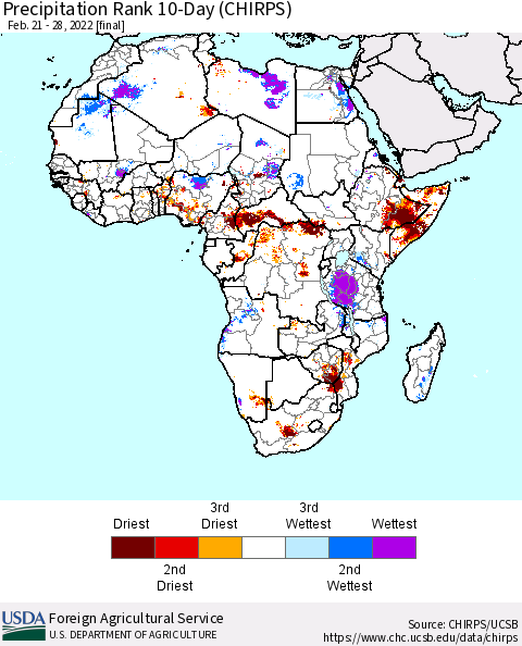 Africa Precipitation Rank since 1981, 10-Day (CHIRPS) Thematic Map For 2/21/2022 - 2/28/2022
