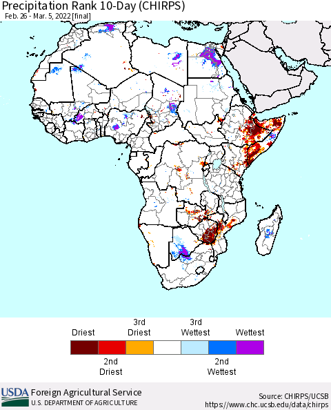 Africa Precipitation Rank 10-Day (CHIRPS) Thematic Map For 2/26/2022 - 3/5/2022
