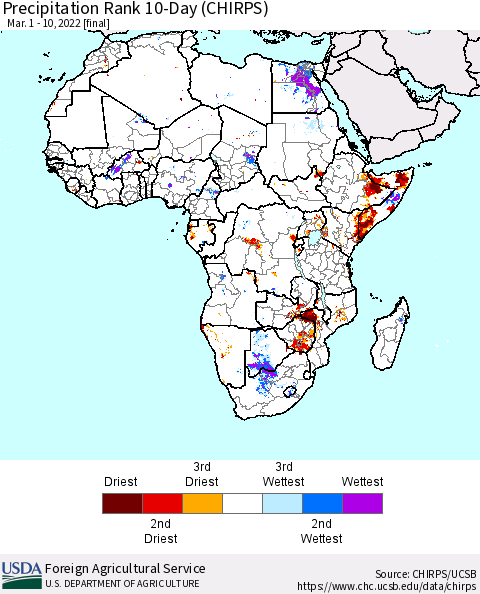 Africa Precipitation Rank 10-Day (CHIRPS) Thematic Map For 3/1/2022 - 3/10/2022