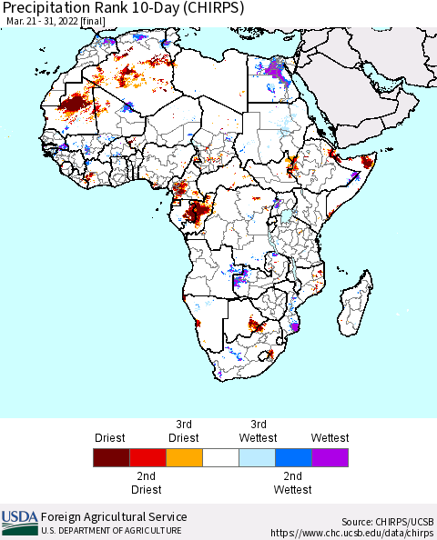 Africa Precipitation Rank 10-Day (CHIRPS) Thematic Map For 3/21/2022 - 3/31/2022