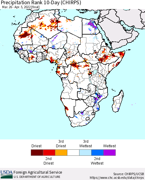 Africa Precipitation Rank 10-Day (CHIRPS) Thematic Map For 3/26/2022 - 4/5/2022
