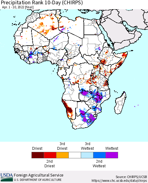 Africa Precipitation Rank 10-Day (CHIRPS) Thematic Map For 4/1/2022 - 4/10/2022