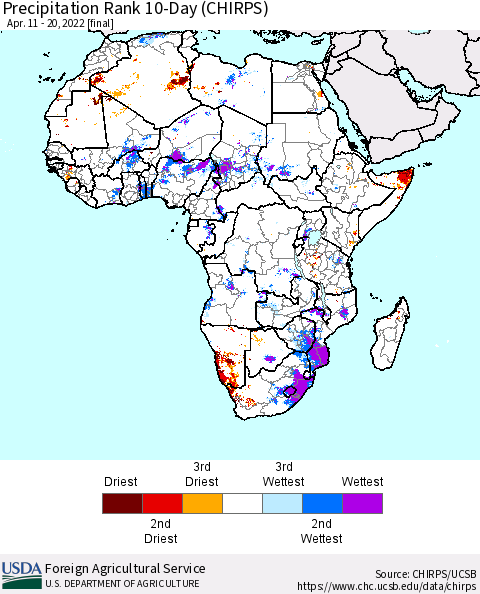 Africa Precipitation Rank since 1981, 10-Day (CHIRPS) Thematic Map For 4/11/2022 - 4/20/2022