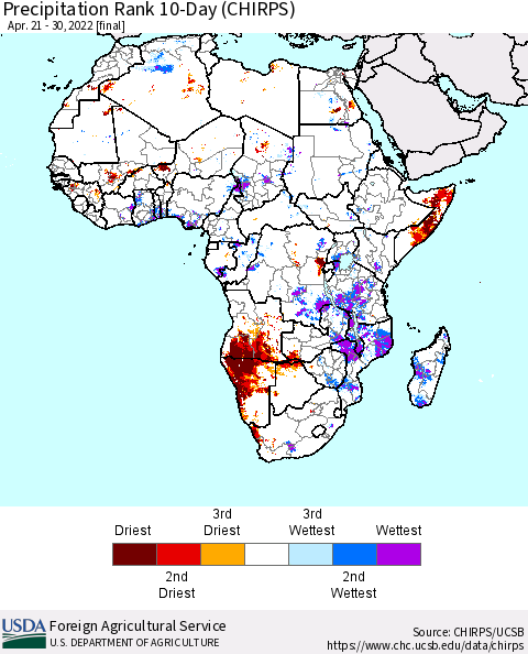 Africa Precipitation Rank since 1981, 10-Day (CHIRPS) Thematic Map For 4/21/2022 - 4/30/2022
