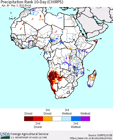 Africa Precipitation Rank 10-Day (CHIRPS) Thematic Map For 4/26/2022 - 5/5/2022