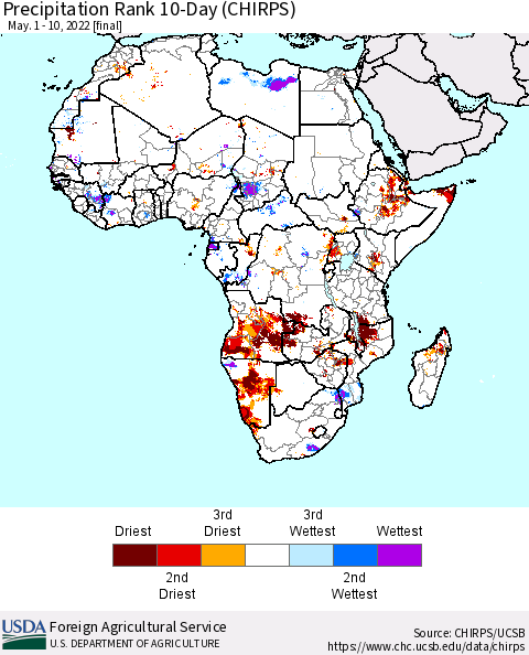 Africa Precipitation Rank 10-Day (CHIRPS) Thematic Map For 5/1/2022 - 5/10/2022