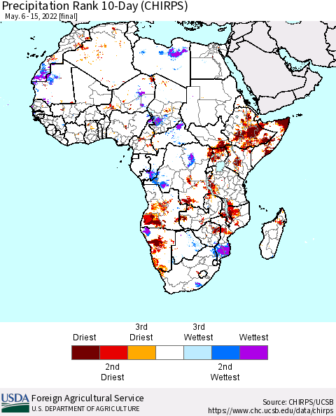 Africa Precipitation Rank since 1981, 10-Day (CHIRPS) Thematic Map For 5/6/2022 - 5/15/2022