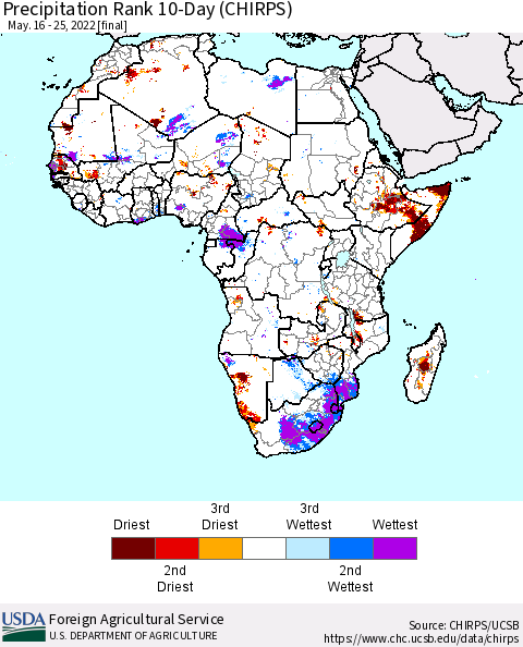 Africa Precipitation Rank since 1981, 10-Day (CHIRPS) Thematic Map For 5/16/2022 - 5/25/2022