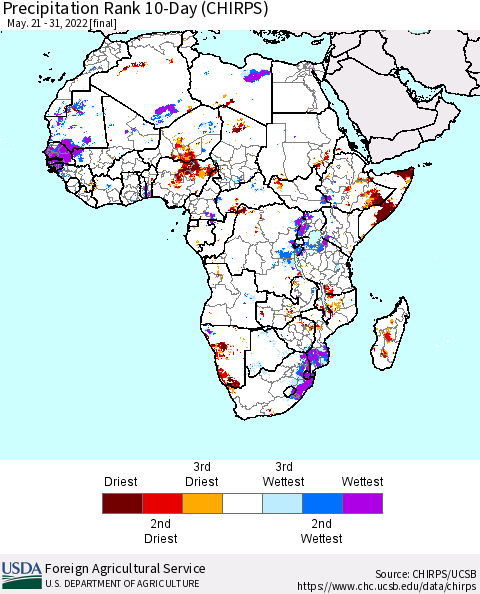 Africa Precipitation Rank 10-Day (CHIRPS) Thematic Map For 5/21/2022 - 5/31/2022
