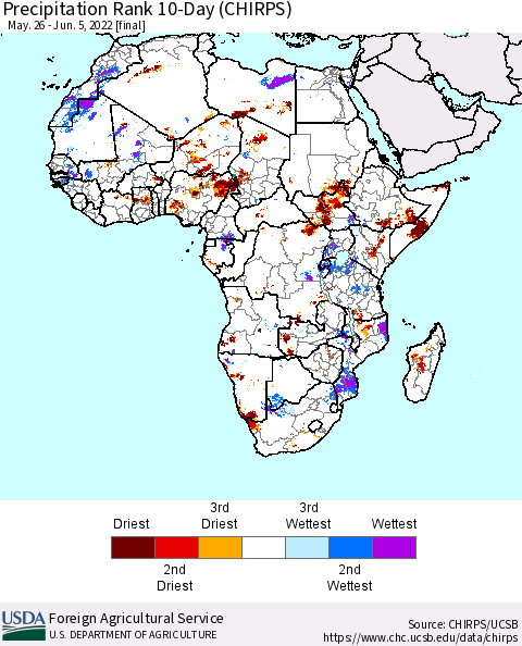 Africa Precipitation Rank 10-Day (CHIRPS) Thematic Map For 5/26/2022 - 6/5/2022