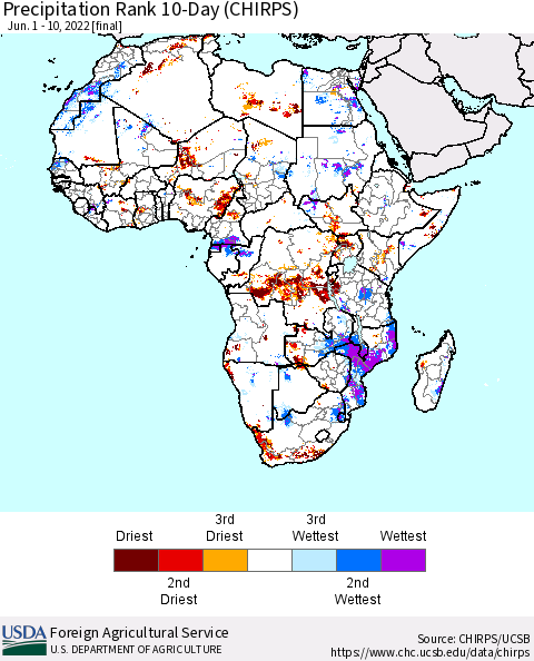 Africa Precipitation Rank since 1981, 10-Day (CHIRPS) Thematic Map For 6/1/2022 - 6/10/2022