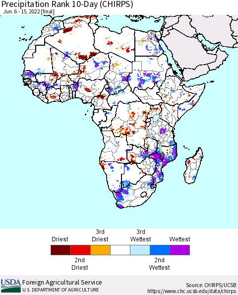 Africa Precipitation Rank since 1981, 10-Day (CHIRPS) Thematic Map For 6/6/2022 - 6/15/2022