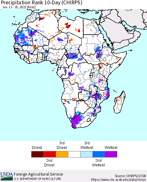 Africa Precipitation Rank 10-Day (CHIRPS) Thematic Map For 6/11/2022 - 6/20/2022