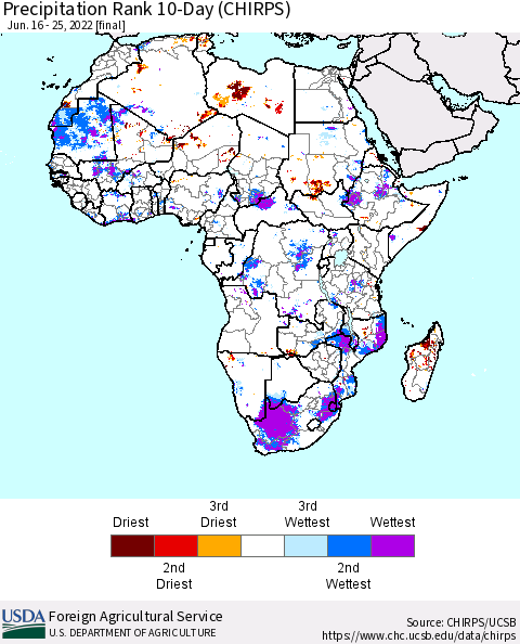 Africa Precipitation Rank since 1981, 10-Day (CHIRPS) Thematic Map For 6/16/2022 - 6/25/2022
