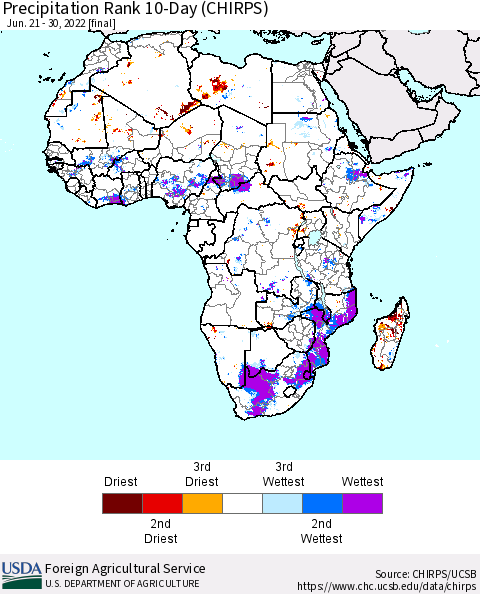 Africa Precipitation Rank 10-Day (CHIRPS) Thematic Map For 6/21/2022 - 6/30/2022
