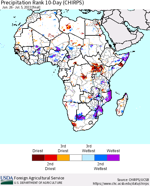 Africa Precipitation Rank 10-Day (CHIRPS) Thematic Map For 6/26/2022 - 7/5/2022