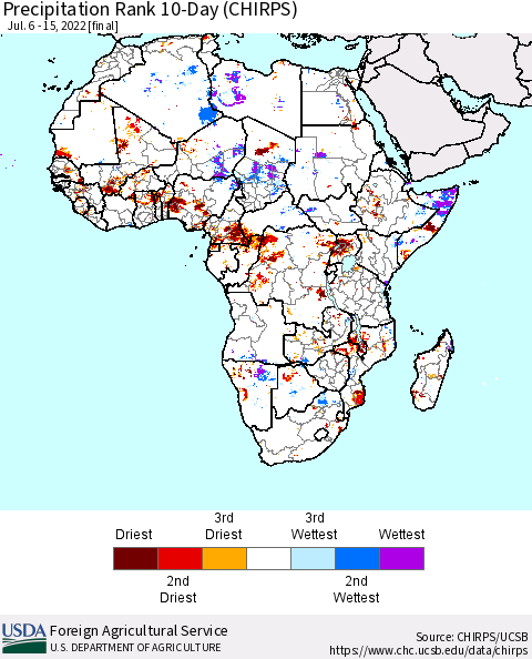 Africa Precipitation Rank 10-Day (CHIRPS) Thematic Map For 7/6/2022 - 7/15/2022