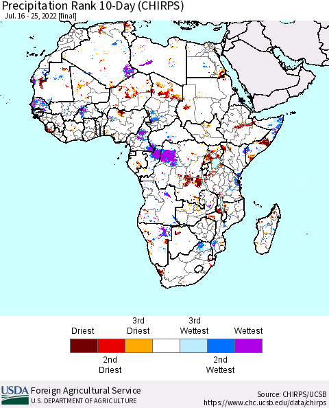 Africa Precipitation Rank 10-Day (CHIRPS) Thematic Map For 7/16/2022 - 7/25/2022
