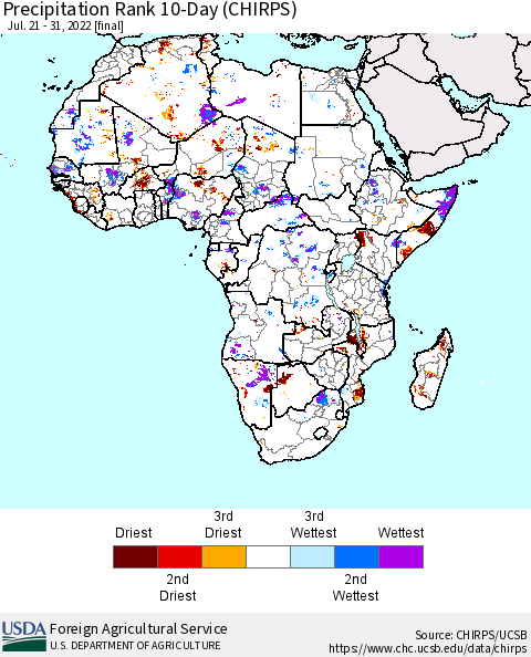 Africa Precipitation Rank 10-Day (CHIRPS) Thematic Map For 7/21/2022 - 7/31/2022