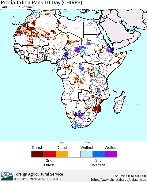 Africa Precipitation Rank 10-Day (CHIRPS) Thematic Map For 8/6/2022 - 8/15/2022