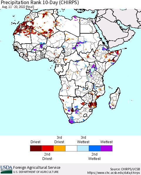 Africa Precipitation Rank 10-Day (CHIRPS) Thematic Map For 8/11/2022 - 8/20/2022