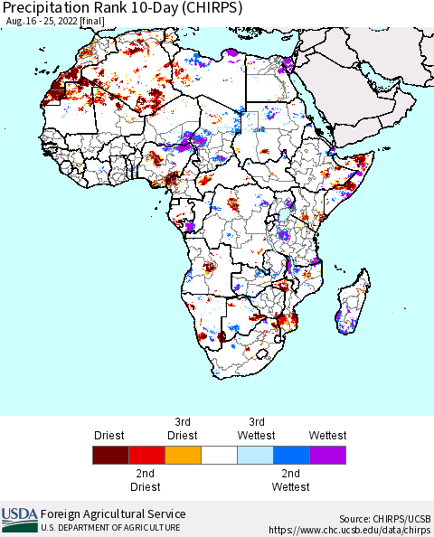 Africa Precipitation Rank 10-Day (CHIRPS) Thematic Map For 8/16/2022 - 8/25/2022