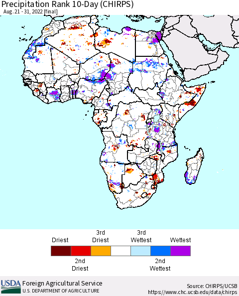 Africa Precipitation Rank since 1981, 10-Day (CHIRPS) Thematic Map For 8/21/2022 - 8/31/2022