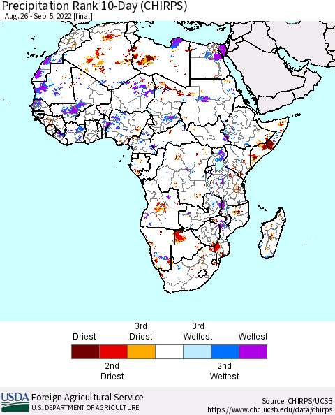 Africa Precipitation Rank 10-Day (CHIRPS) Thematic Map For 8/26/2022 - 9/5/2022