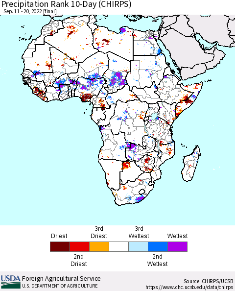 Africa Precipitation Rank 10-Day (CHIRPS) Thematic Map For 9/11/2022 - 9/20/2022