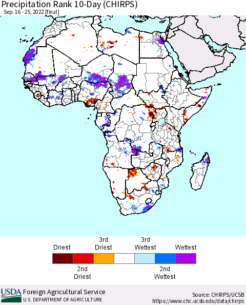 Africa Precipitation Rank since 1981, 10-Day (CHIRPS) Thematic Map For 9/16/2022 - 9/25/2022