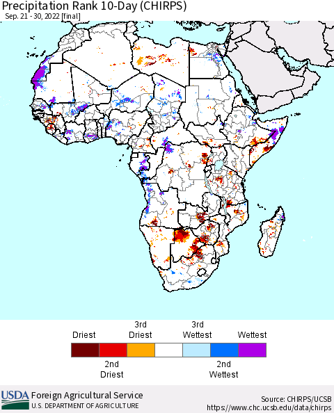 Africa Precipitation Rank since 1981, 10-Day (CHIRPS) Thematic Map For 9/21/2022 - 9/30/2022
