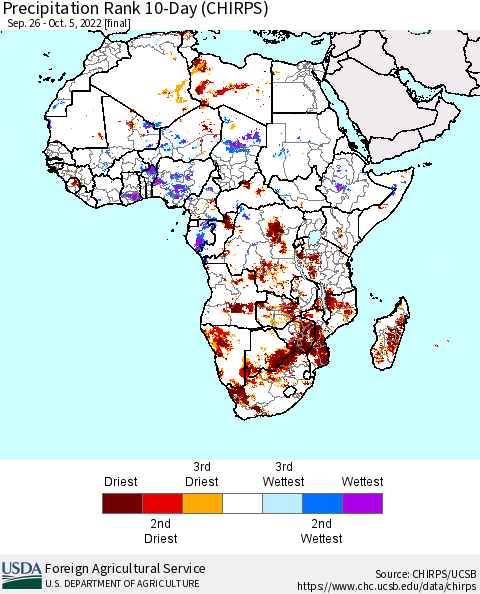 Africa Precipitation Rank 10-Day (CHIRPS) Thematic Map For 9/26/2022 - 10/5/2022