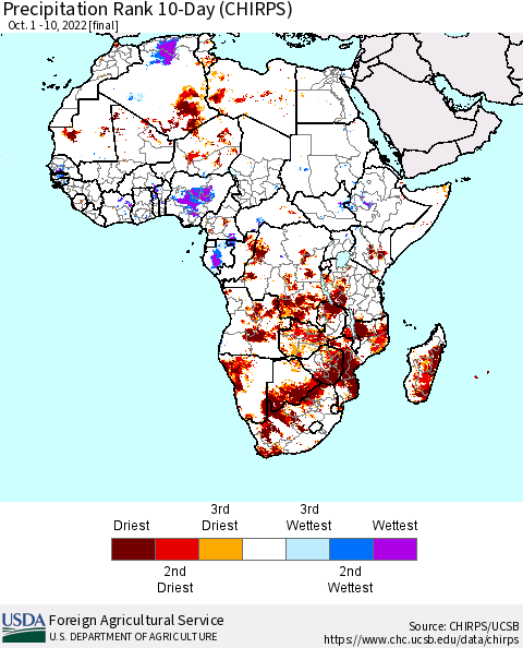 Africa Precipitation Rank 10-Day (CHIRPS) Thematic Map For 10/1/2022 - 10/10/2022