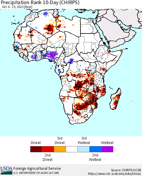 Africa Precipitation Rank 10-Day (CHIRPS) Thematic Map For 10/6/2022 - 10/15/2022