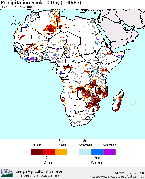 Africa Precipitation Rank 10-Day (CHIRPS) Thematic Map For 10/11/2022 - 10/20/2022
