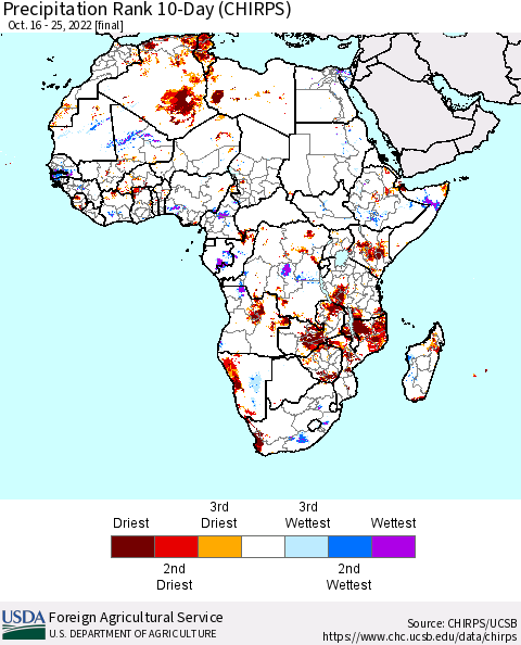 Africa Precipitation Rank 10-Day (CHIRPS) Thematic Map For 10/16/2022 - 10/25/2022