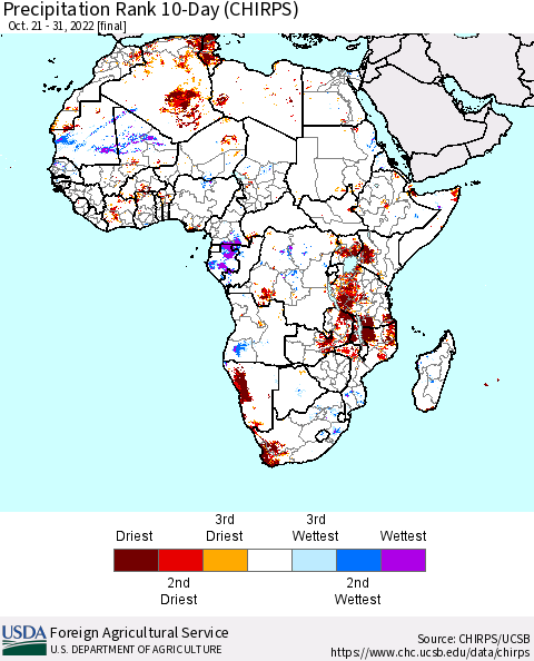 Africa Precipitation Rank 10-Day (CHIRPS) Thematic Map For 10/21/2022 - 10/31/2022