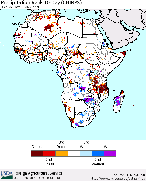 Africa Precipitation Rank 10-Day (CHIRPS) Thematic Map For 10/26/2022 - 11/5/2022
