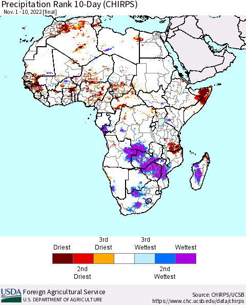 Africa Precipitation Rank since 1981, 10-Day (CHIRPS) Thematic Map For 11/1/2022 - 11/10/2022