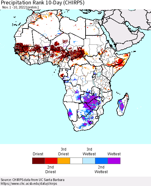 Africa Precipitation Rank 10-Day (CHIRPS) Thematic Map For 11/1/2022 - 11/10/2022