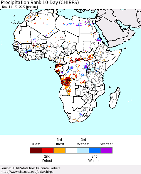 Africa Precipitation Rank 10-Day (CHIRPS) Thematic Map For 11/11/2022 - 11/20/2022