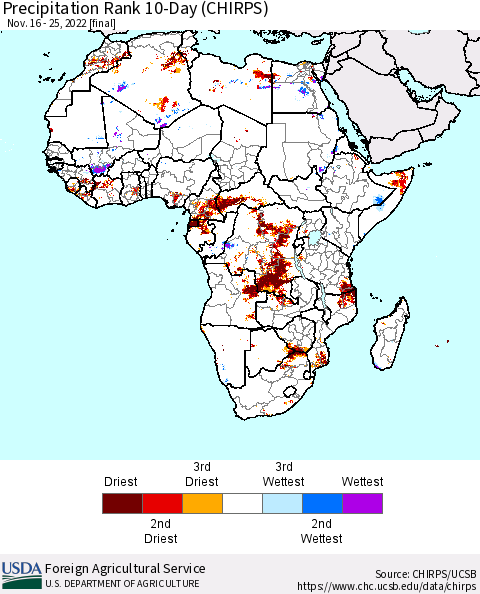 Africa Precipitation Rank since 1981, 10-Day (CHIRPS) Thematic Map For 11/16/2022 - 11/25/2022