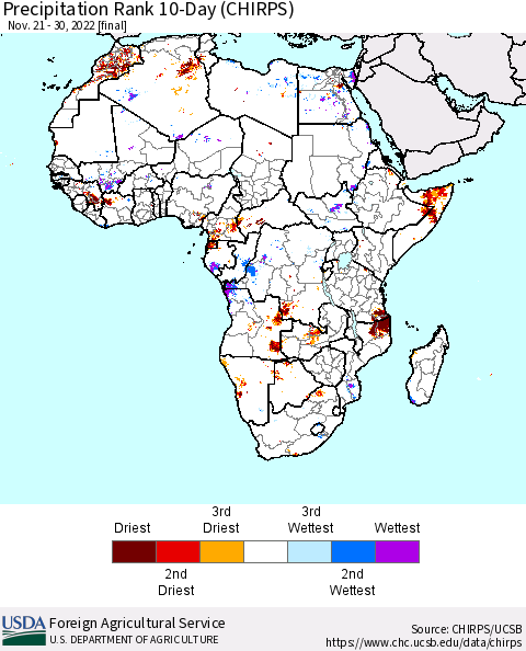 Africa Precipitation Rank 10-Day (CHIRPS) Thematic Map For 11/21/2022 - 11/30/2022