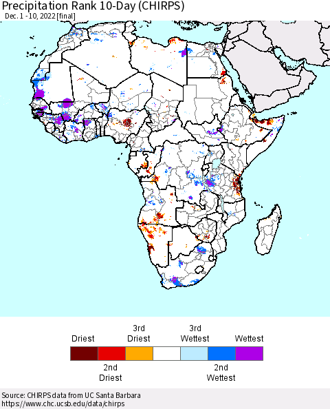 Africa Precipitation Rank 10-Day (CHIRPS) Thematic Map For 12/1/2022 - 12/10/2022