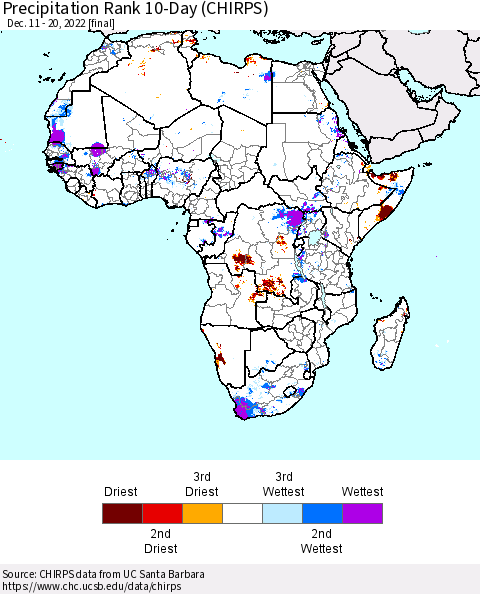 Africa Precipitation Rank 10-Day (CHIRPS) Thematic Map For 12/11/2022 - 12/20/2022