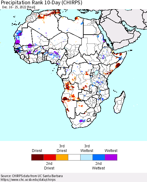 Africa Precipitation Rank since 1981, 10-Day (CHIRPS) Thematic Map For 12/16/2022 - 12/25/2022
