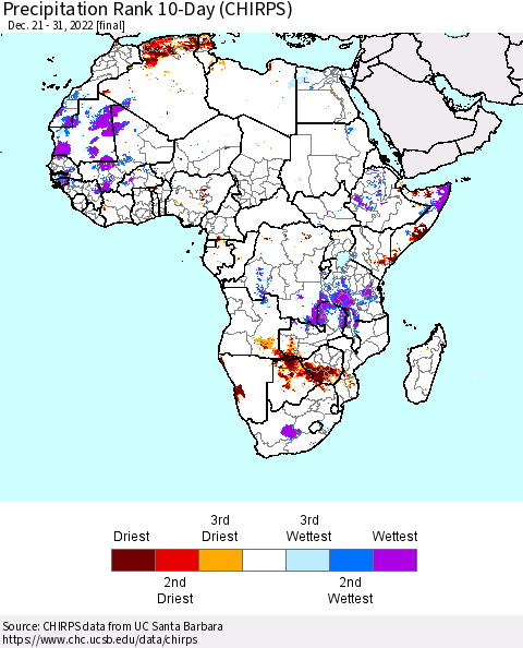 Africa Precipitation Rank 10-Day (CHIRPS) Thematic Map For 12/21/2022 - 12/31/2022